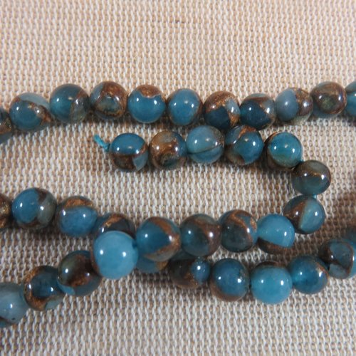 Perles jaspe 6mm bleu or cloisonné ronde effet lac marin pierre de gemme - lot de 10
