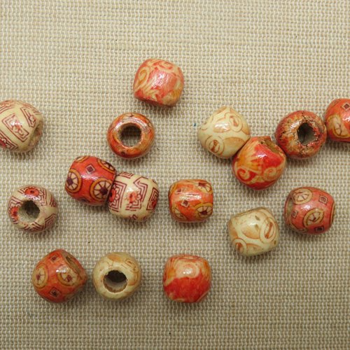Perles tonneau en bois imprimé multicolore 12mm à gros trous - lot de 15