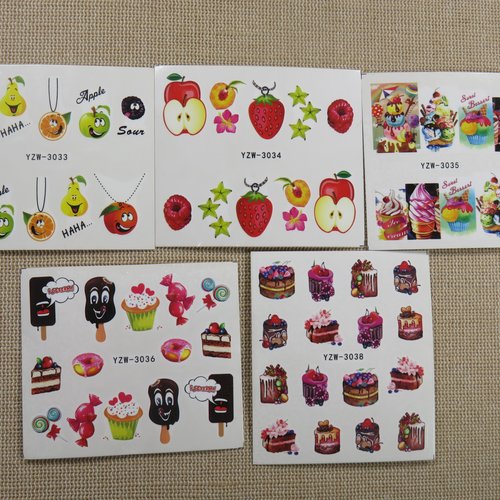 Stickers d'ongle fruit gateau - lot de 5 - nails-art décalcomanie par transfert d'eau