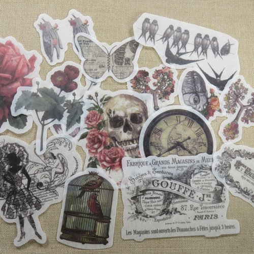 Stickers effet vintage scrapbooking oiseaux message fleurs - papier autocollant / 20pcs