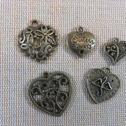 Pendentifs cœur métal bronze - lot de 5 apprêt bijoux breloques romantique
