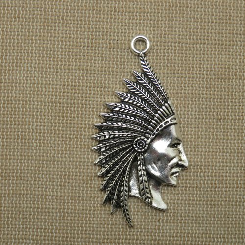 Grand pendentif tête chef indien argenté pour fabrication bijoux amérindien