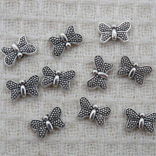 Perles papillon argenté 10mm en métal - lot de 10
