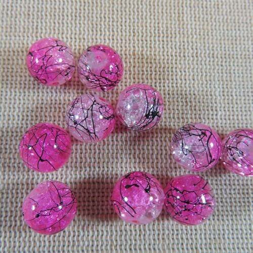 Perles en verre 10mm craquelé rose tréfilée noir - lot de 15