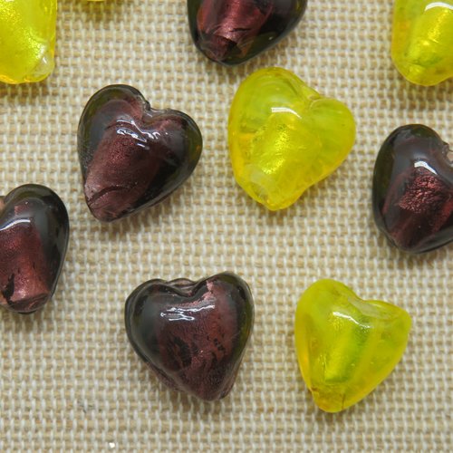 Perles coeur en verre 13mm violet et jaune - lot de 16