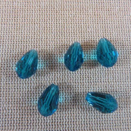 Perles goutte verre à facette bleu paon 12x8mm - lot de 10