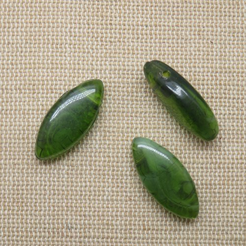 Perles losange en résine marquise verte effet jade 24x10mm - lot de 3