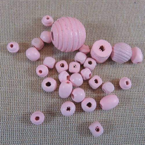 Perles en bois rose diverses forme - lot de 30