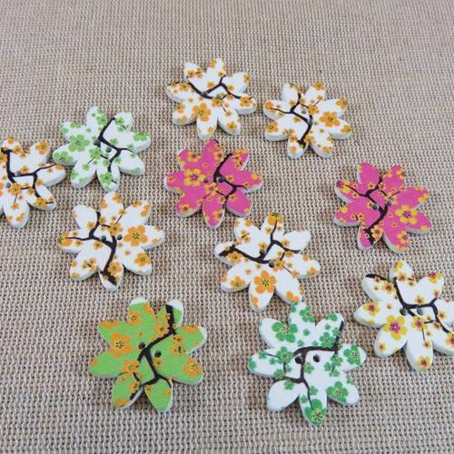 Boutons en bois fleurs arbre multicolore bouton de couture - lot de 10