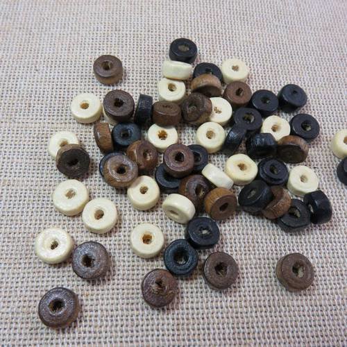 Perles rondelle palet bois crème marron noir 8mm - lot de 30