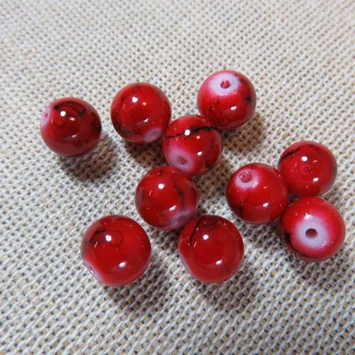 Perles en verre rouge tacheté noir 8mm - lot de 8