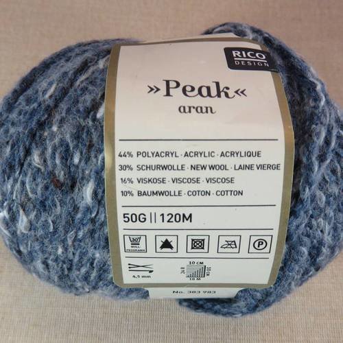 Pelote fil à tricoter peak aran rico design bleu 30% laine vierge