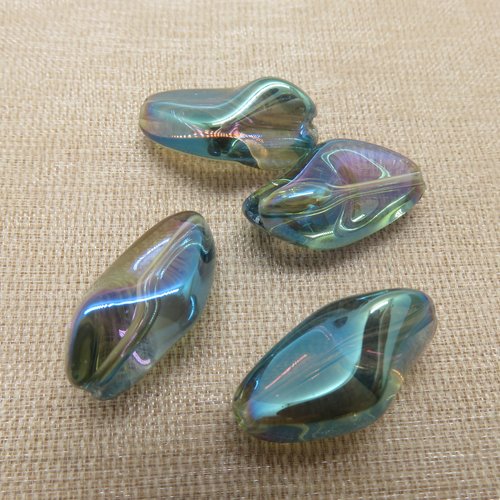 Perles en verre forme irrégulière 23x13mm reflet vert bleu violet - lot de 4