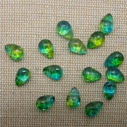 Perles goutte vert bleu larme en verre 9x6mm - lot de 10