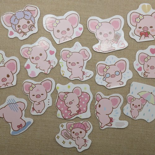 Étiquettes autocollant cochon kawaii scrapbooking - stickers animaux / 15pcs