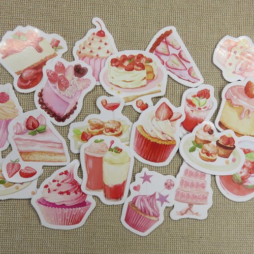 Stickers gâteaux dessert fraise étiquette autocollant scrapbooking - 23pcs