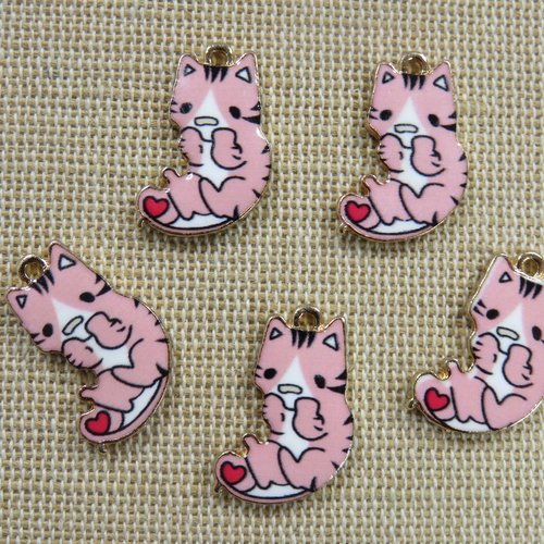 Breloques chat rose émaillé 21mm pendentif - lot de 5