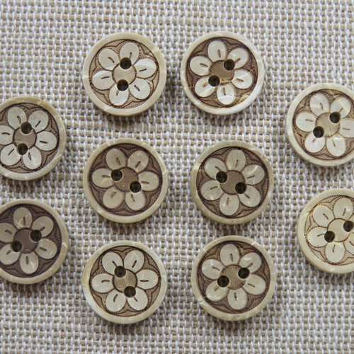 Boutons en bois de coco gravé fleur 12mm bouton de couture - lot de 6