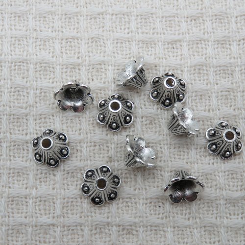 Coupelles fleur 10mm métal coloris argenté pour perle - lot de 10