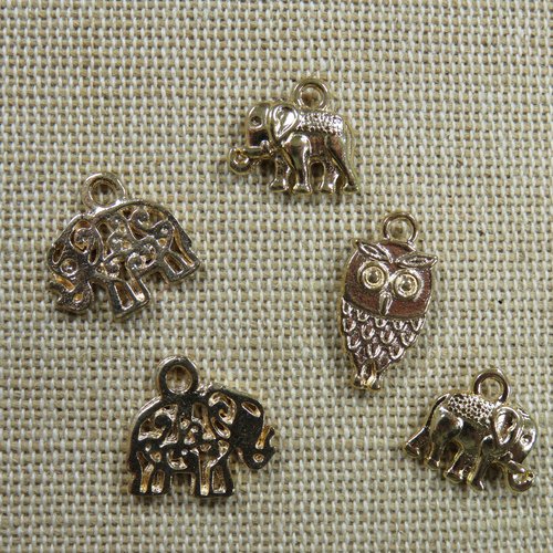Breloques éléphant chouette animaux métal doré - lot de 5