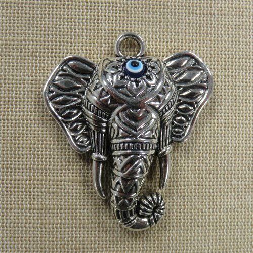 Pendentif éléphant hindou ganesh 55mm métal coloris argenté vieilli
