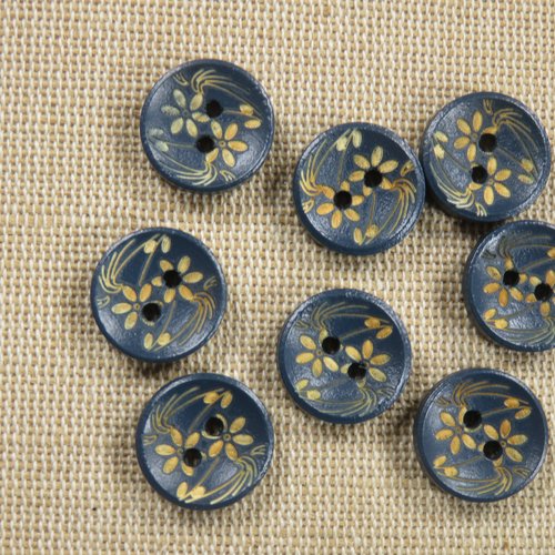 Boutons en bois gravé fleurs 15mm bleu foncé bouton de couture - lot de 8