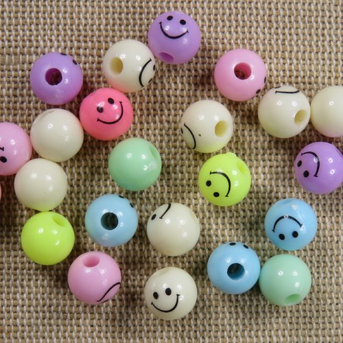 Perles smiley acrylique multicolore 8mm ronde - lot de 20