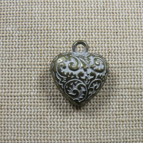 Pendentif coeur rétro gravé arabesque 20mm métal plein bronze