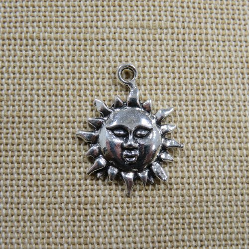 Breloque soleil argenté 23mm en métal, pendentif visage céleste