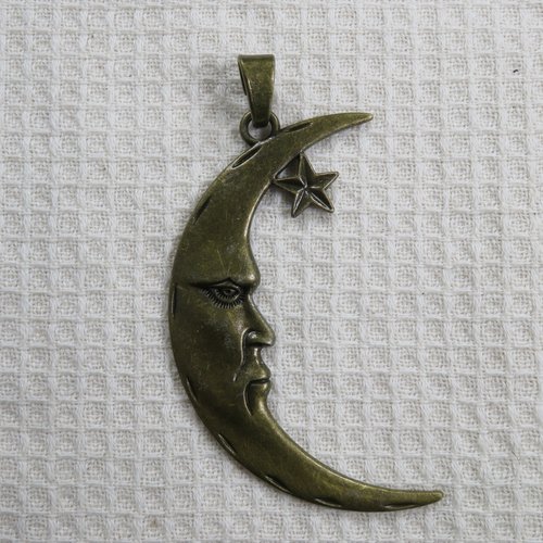 Pendentif lune visage bohème métal coloris bronze 95mm
