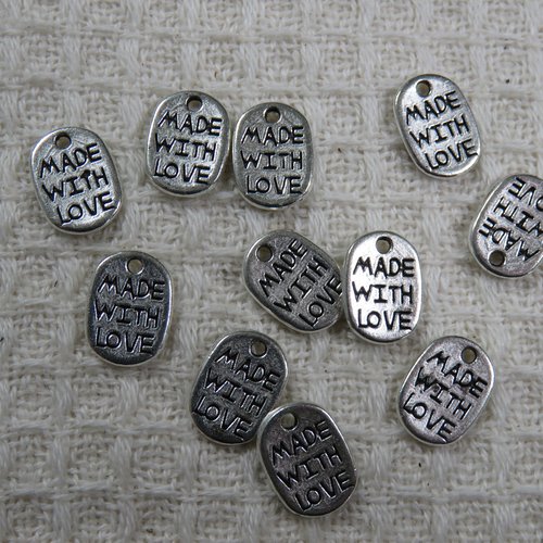 Breloques étiquette métal argenté "made with love" - lot de 10