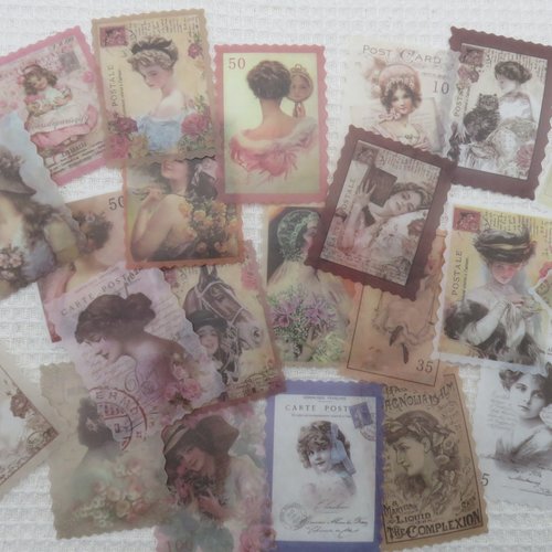 Étiquettes style timbre ancien carte postale scrapbooking, stickers papier autocollant / 25pcs