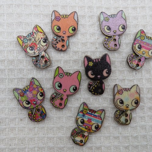 Boutons chat en bois multicolore bouton de couture - lot de 8