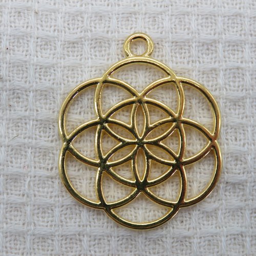 Pendentif graine de vie fleur métal doré 42mm, méditation bijoux zen