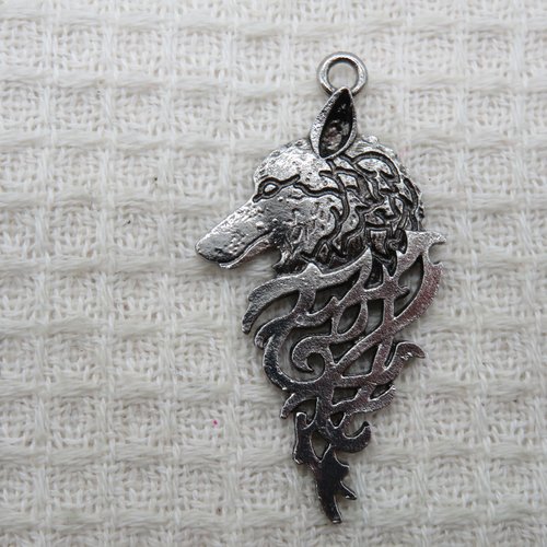 Pendentif loup nœud celtique métal argenté vieilli 45mm - apprêt fabrication bijoux diy
