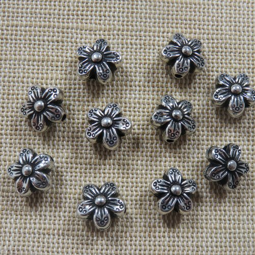 Perles fleur argenté métallisé 10mm en acrylique - lot de 10