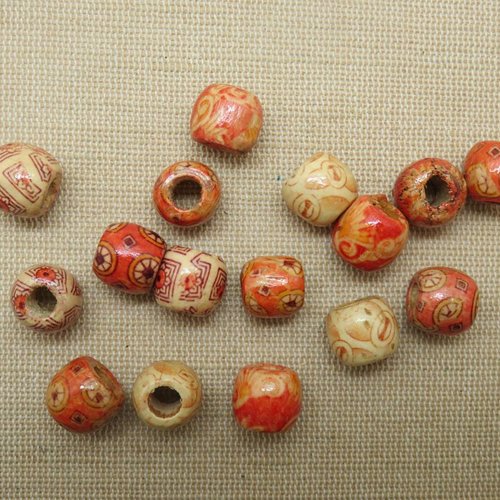 Perles tonneau en bois imprimé multicolore 12mm à gros trous - lot de 10
