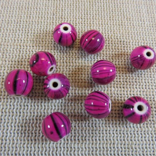 Perles céramique rose fuchsia rayé noir 8mm - lot de 10