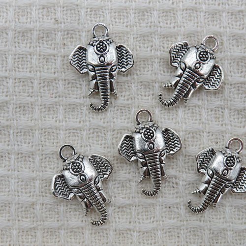 Pendentifs éléphant ganesh argenté en métal 21mm breloque apprêt pour bijoux - lot de 5