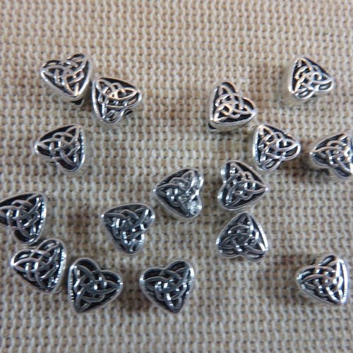 Perles cœur nœud celtique argenté en métal - lot de 10