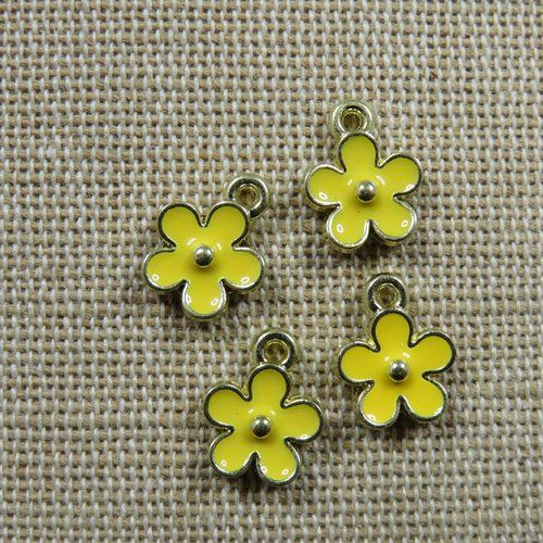 Breloques bidens pendentif fleur jaune métal émaillé 12mm - lot de 4