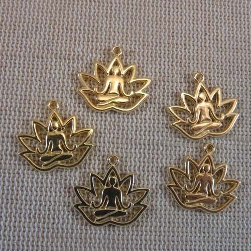Pendentifs yoga fleurs lotus breloque bouddha métal couleur doré - lot de 5