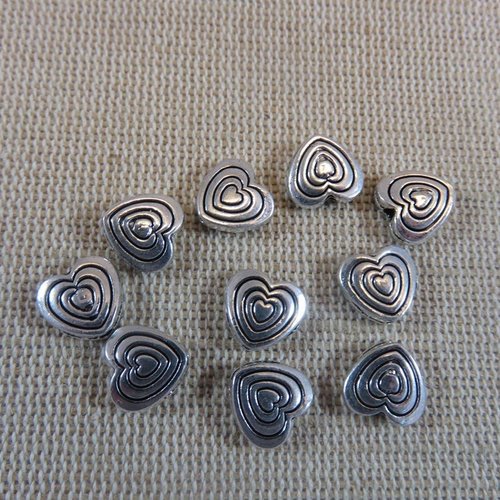 Perles cœur gravé métal 9mm couleur argenté vieilli - lot de 10