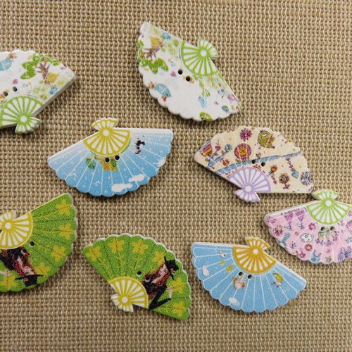 Boutons bois éventail 30mm multicolore couture scrapbooking - lot de 10