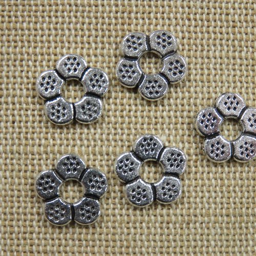 Perles plate fleur argenté 12mm en métal - lot de 5