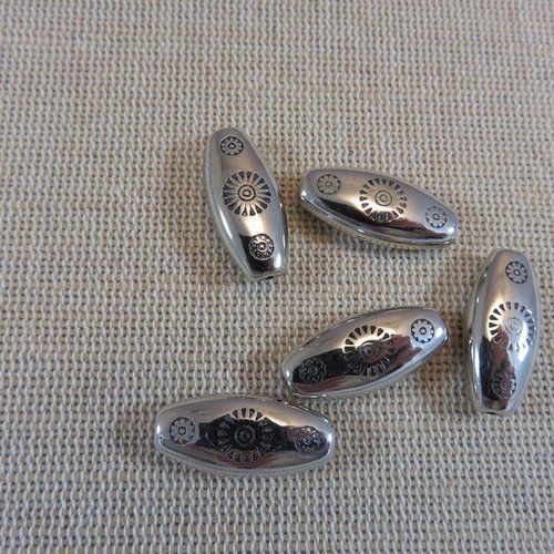 Perles ovale acrylique fleur soleil argenté 21mm - lot de 5