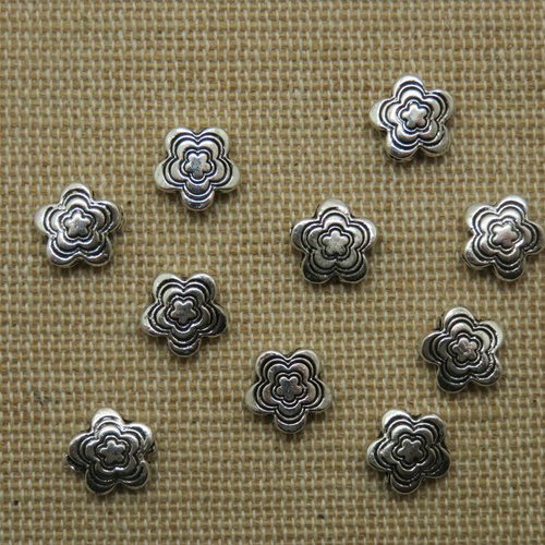 Perles fleur argenté gravé en métal 9mm - lot de 10