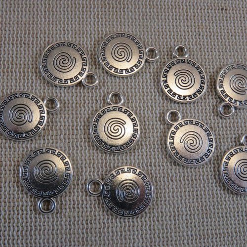 Pendentifs rond gravé spiral 17mm métal couleur argenté - lot de 5