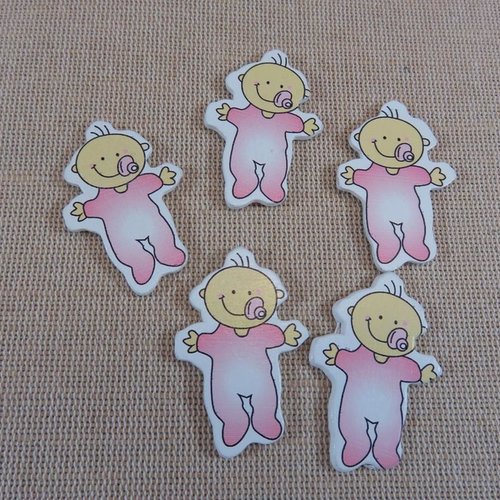 Cabochons bébé rose en bois 40x25mm appliqué - lot de 5