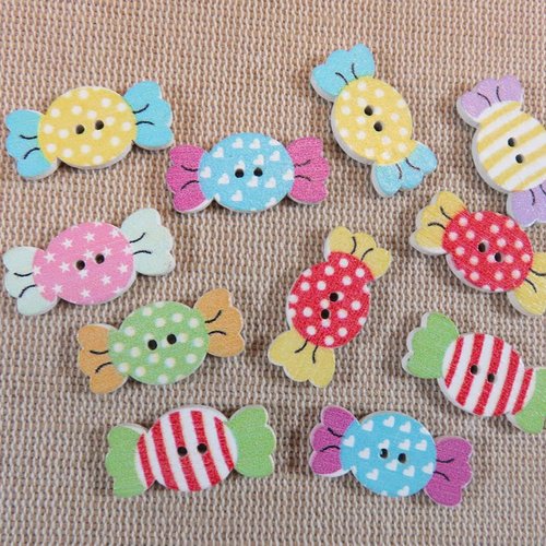 Boutons bonbon en bois multicolore 25mm bouton de couture - lot de 10